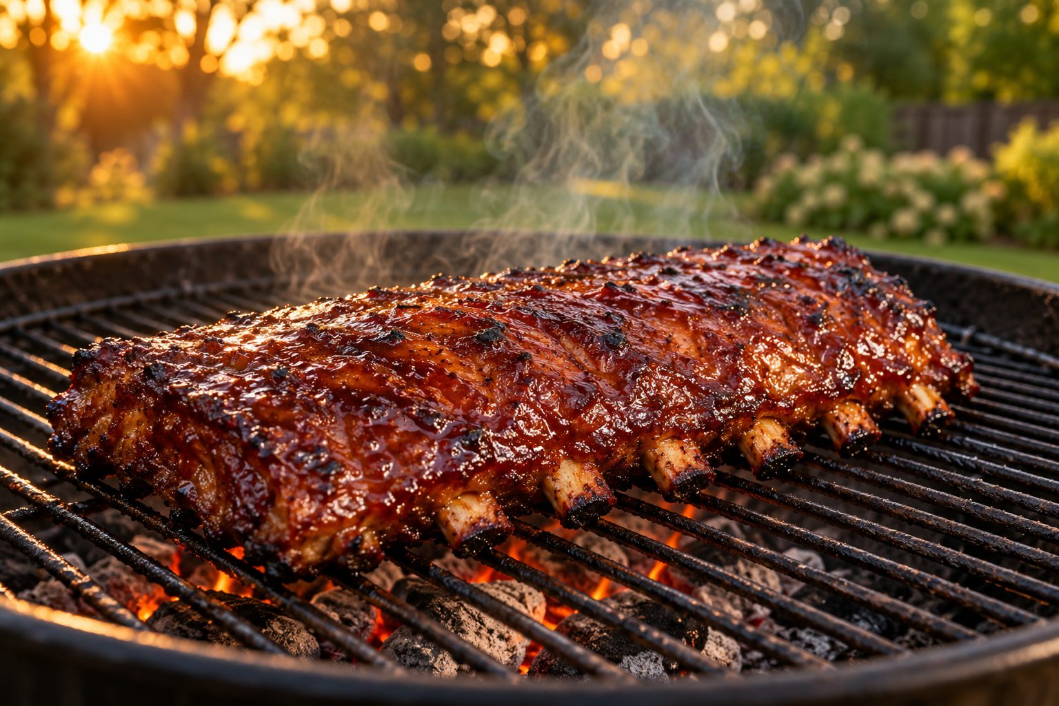 Glazed ribs on a backyard charcoal grill at golden hour