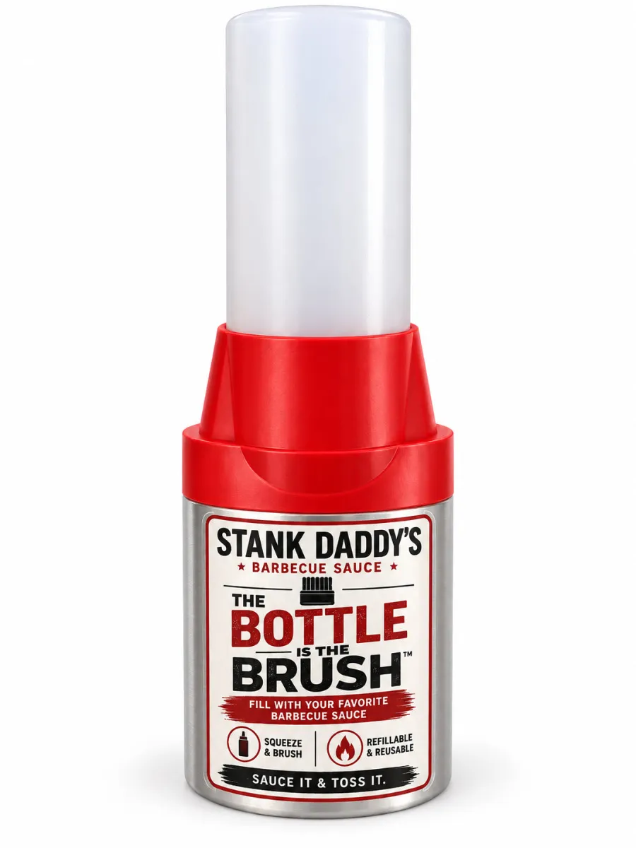 Squeeze bottle with built-in basting brush for barbecue sauce