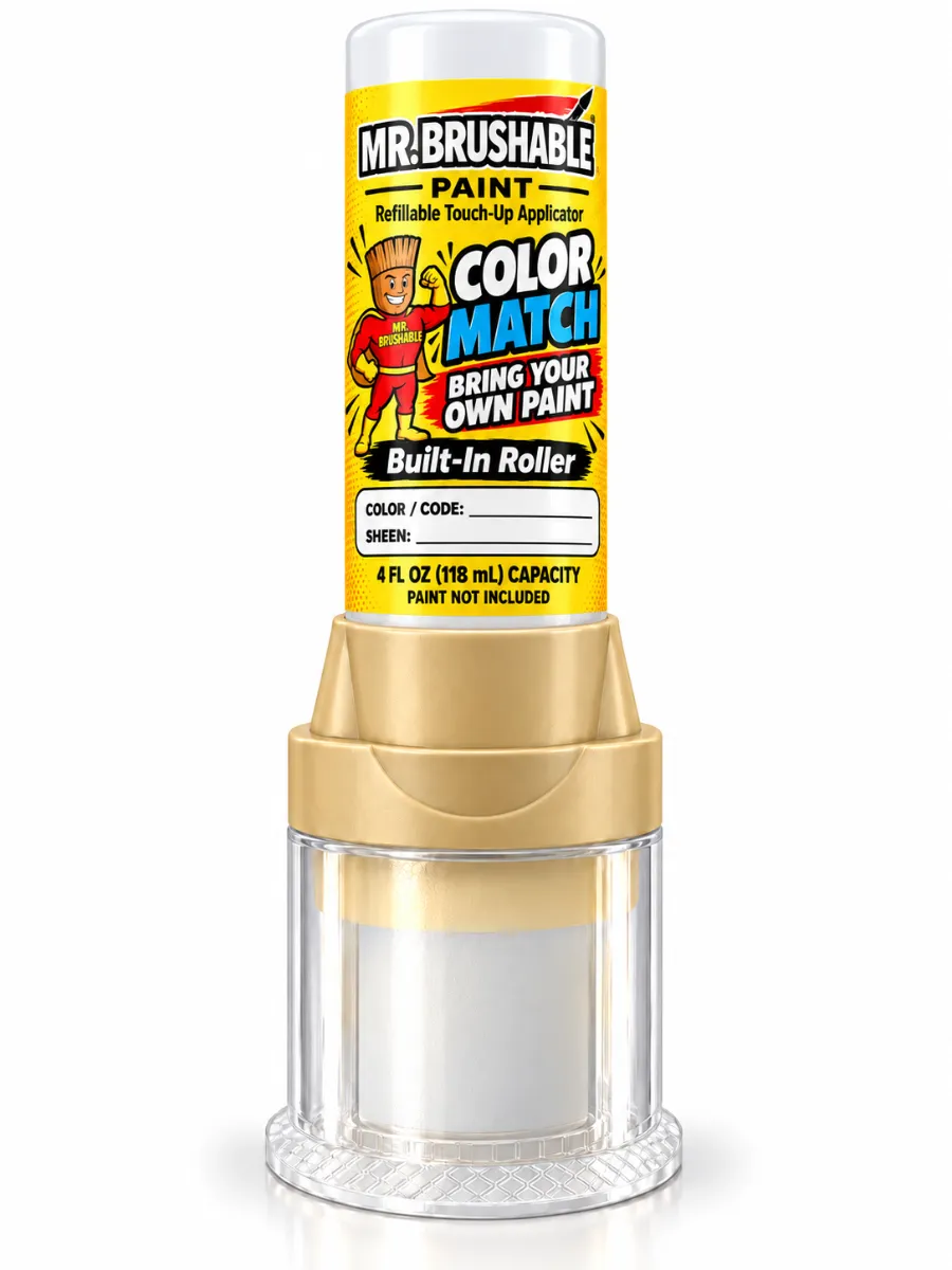 Mr. Brushable refillable roller bottle filled with leftover wall paint